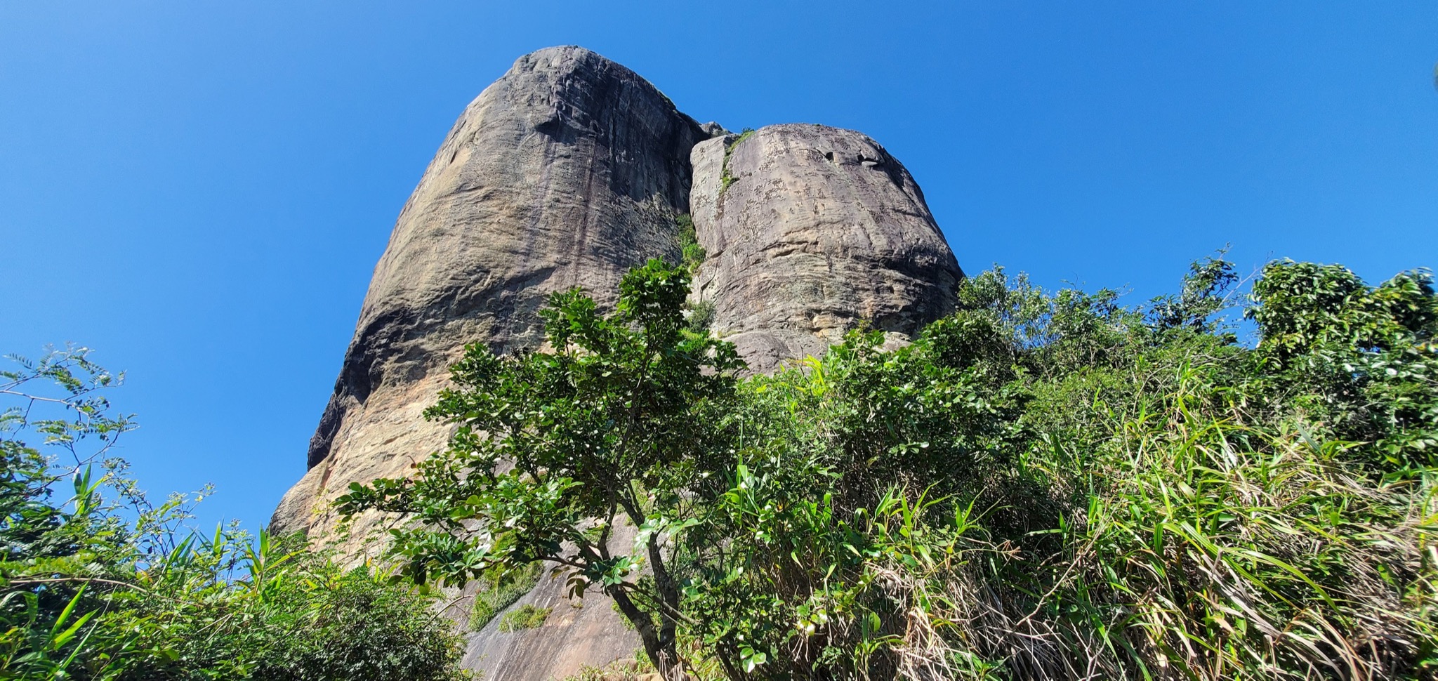 Two towering rock faces rising above lush green foliage beneath a clear blue sky.